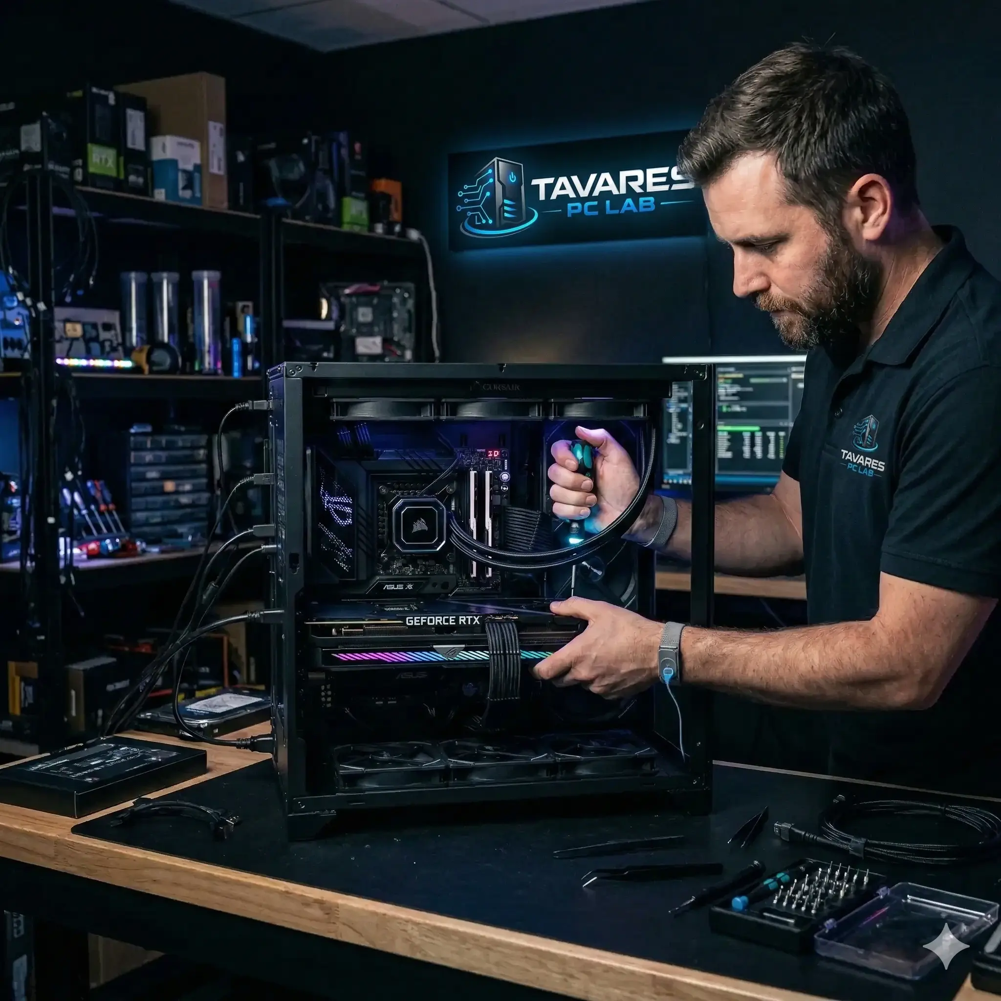 Técnico especialista da Tavares PC Lab realizando manutenção e reparo de computadores em Curitiba